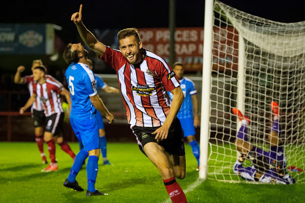 Get in .. James Jones celebrates scoring what proved to be a decisive second-minute goal in a 1-0 FA Cup second qualifying round replay win over Chester in September, 2019